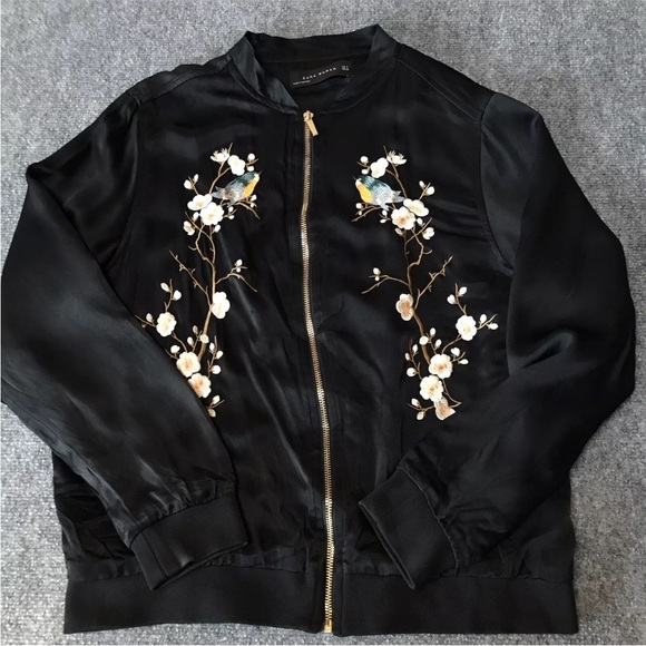 Zara Satin Embroidered Bomber Jacket Black Cherry Blossoms & Birds Small Black - Picture 9 of 14